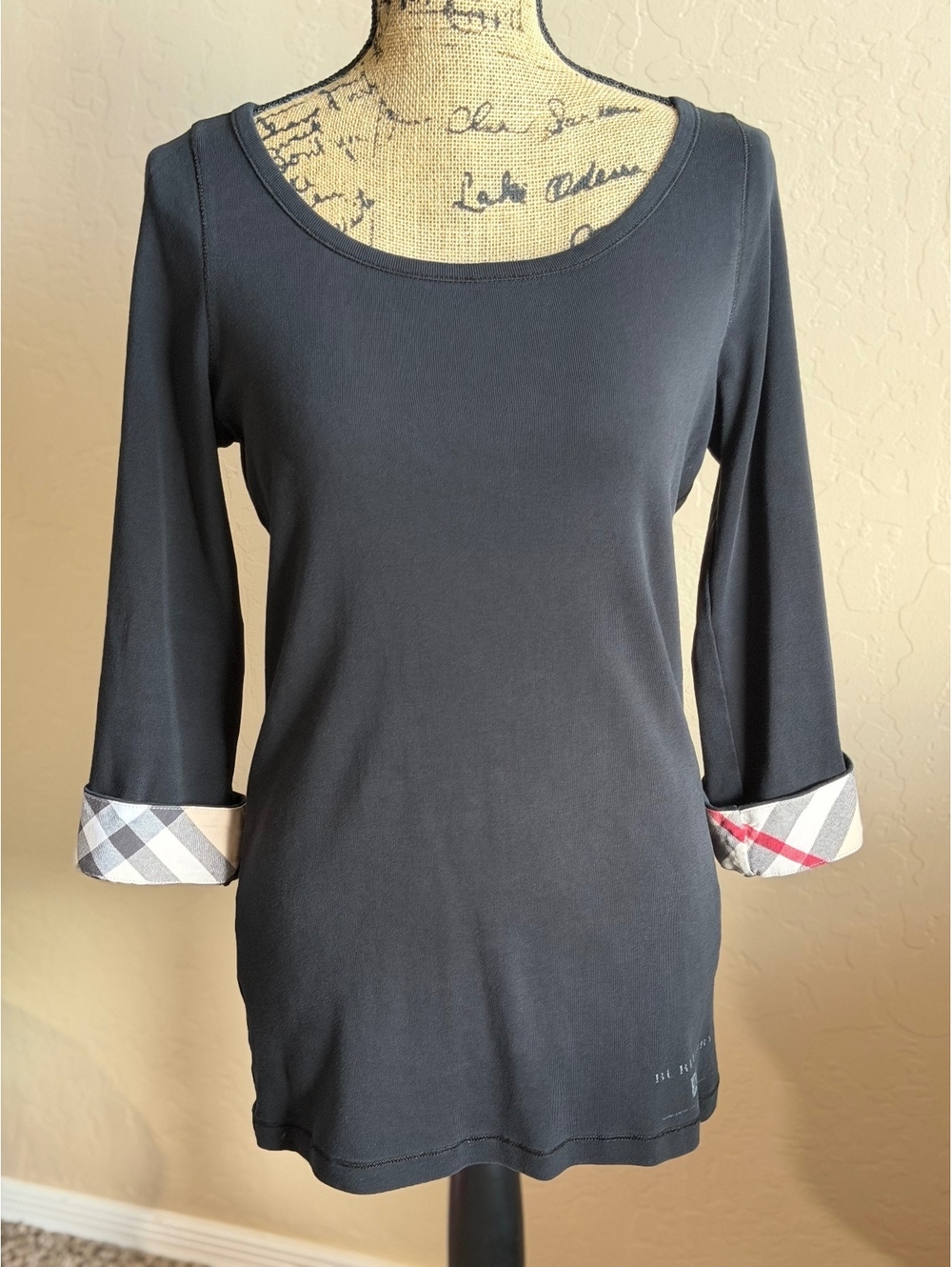 Burberry Brit Women L Black 3/4 Sleeve Top Nova Check Cuffs Cotton Scoop Neck